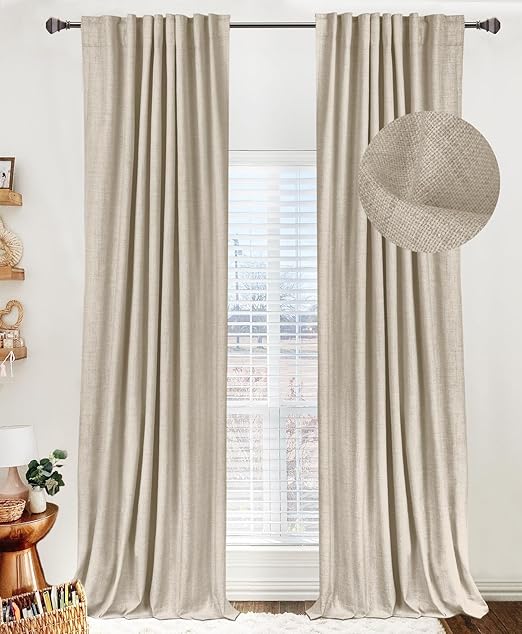 Photo 1 of 100% Blackout Shield Linen Blackout Curtains for Bedroom 104 Inches Long, Back Tab/Rod Pocket Living Room Drapes, Thermal Insulated Blackout Curtains 2 Panels Set, 50" W x 104" L, Oatmeal 