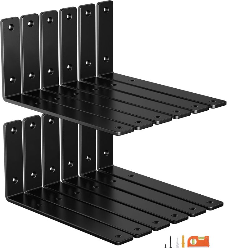 Photo 1 of 12-Pack 10 Inch Heavy Duty Shelf Brackets, Premium Floating L Bracket for Wall, Kitchen, Mantel Shelves Support | Quarter Inch (1/4") Thick | Black Powder Coated Steel