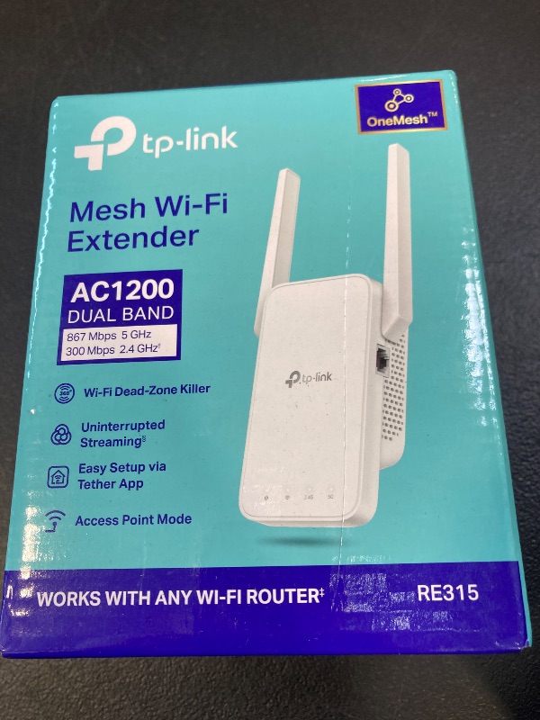 Photo 1 of TP-Link AC1200 WiFi Extender, 2025 Wire cutter Best WiFi Extender, 1.2Gbps home signal booster, Dual Band 5GHz/2.4GHz, Up to 1600 Sq.ft and 32 Devices, Easy Mesh Compatible, One Ethernet Port (RE315)