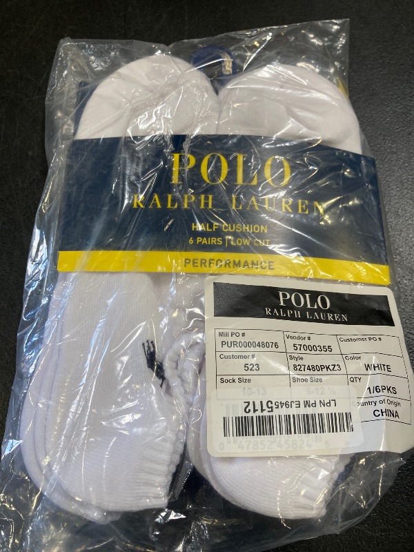 Photo 1 of POLO RALPH LAUREN Men's Classic Sport Solid Socks 6 Pair Pack - Cushioned Cotton Comfort, White, Sock Size - 10 - 13 , Shoe Size - 6 - 12 1/2