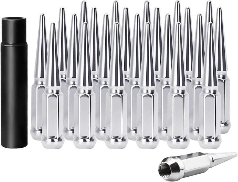 Photo 1 of Set of 24, 14 mm x 1.5 Wheel Spike Lug Nuts, M14x1.5 Conical Bulge Seat, Closed End Spiked Lug Nuts with 1 Socket Key for Silverado Sierra 1500Aftermarket Wheel Silver