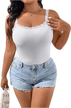 Photo 1 of Women's Plus Size Lace Trim Cami Tops Spaghetti Strap Slim Fit Summer Top 2XL