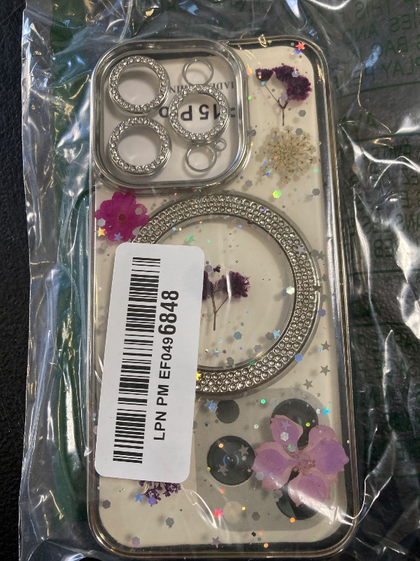 Photo 1 of BANAILOA Design for iPhone 15 Pro Max Case Compatible with Magsafe, Luxury Real Flowers Case Bling Rhinestones Cute Plating Clear Case Glitter Soft Protective Phone Case - 6.7 inch (Purple)