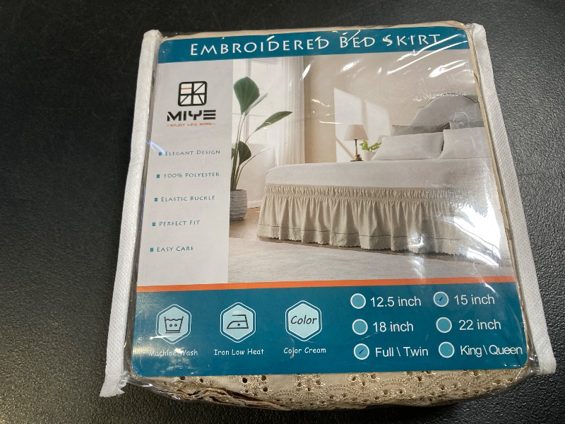 Photo 1 of MIYE Wrap Around Ruffled Lace Bed Skirt, Elastic Dust Ruffle with Adjustable Belts, Easy to Put On, Bed Frame Cover, Machine Washable (Embroidered/Cream, Full/Twin-15 Drop)
