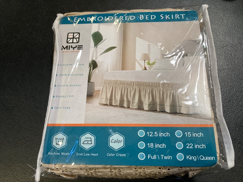 Photo 1 of MIYE Wrap Around Ruffled Lace Bed Skirt, Elastic Dust Ruffle with Adjustable Belts, Easy to Put On, Bed Frame Cover, Machine Washable (Embroidered/Cream, Full/Twin-15 Drop)