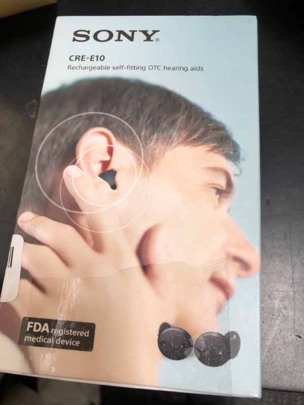 Photo 1 of Sony CRE-E10 Self-Fitting OTC Hearing Aids for Mild to Moderate Hearing Loss, Prescription-Grade Sound Quality, Comfortable Earbud Design, Bluetooth Enabled for iOS, and Rechargeable Battery, Black