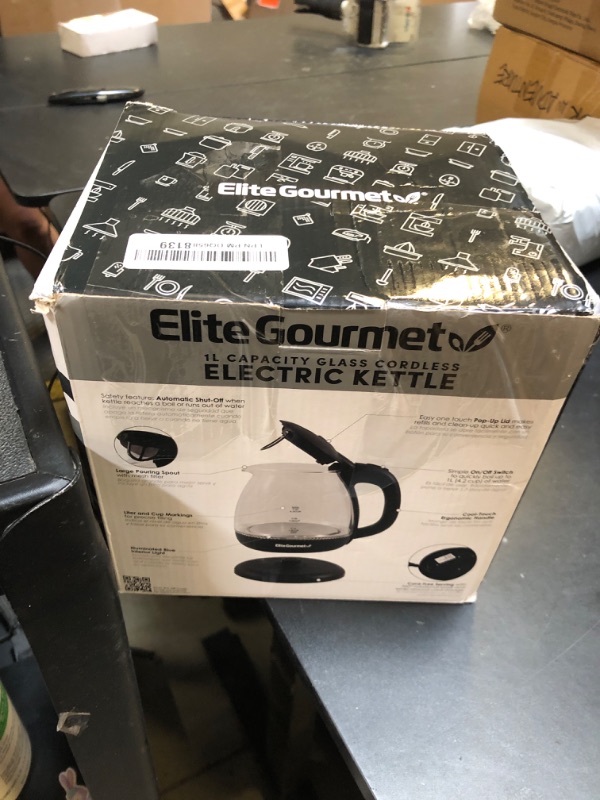 Photo 1 of Elite Gourmet EKT1001 Electric 1.0L BPA-Free 1100W Glass Kettle Cordless 360° Base, Stylish Blue LED Interior, Handy Auto Shut-Off Function – Quickly Boil Water For Tea & More, Black