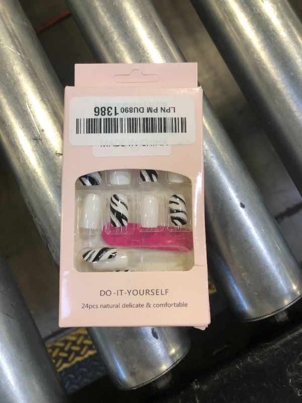 Photo 1 of Press on Nail Short Square Artificial Acrylic Nails Silver Foil Line False Nails Zebra Pattern Design French Fake Nails Full Cover Glossy Reusable Coffin Nails Glue on Nails for Women 24Pcs