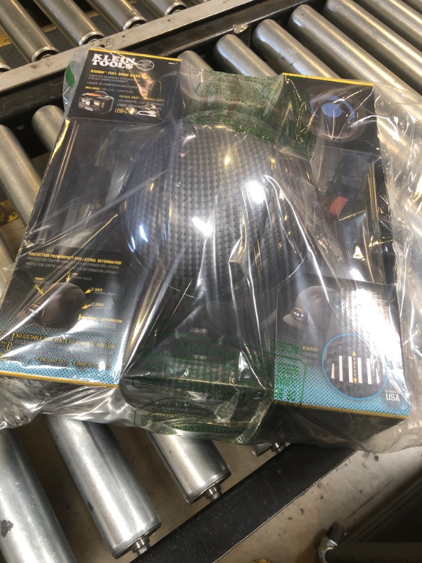 Photo 1 of Klein Tools 60347 Hard Hat, Vented Full Brim, Class C, Premium KARBN Pattern, Rechargeable Lamp, Padded Sweat-Wicking Sweatband, Top Pad