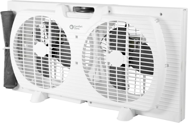 Photo 1 of Comfort Zone Window Fan for Bedroom, 9 inch 3 Speed Dual Fans with Auto-Locking Expanders, Window Exhaust Fan, Removeable Bug Screen, White