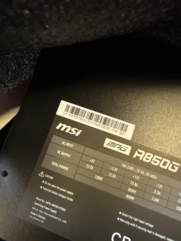 Photo 1 of MSI MPG A850G PCIE 5.1 & ATX 3.1 Gaming Power Supply - Full Modular - 80 Plus Gold Certified 850W - 100% Japanese 105°C Capacitors - Compact Size - ATX PSU - 10 Year Warranty