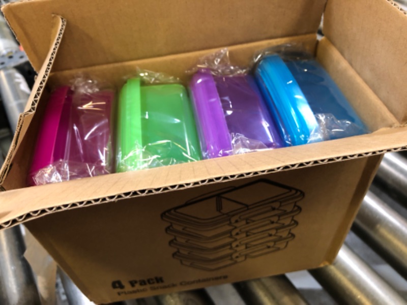 Photo 1 of 4 Pack Plastic Snack Containers with Lids, 2 Compartment Food Container for Kids Snack Box, Travel Bento Lunch Containers with forks for Fruits/Candies, Divided Food Storage Containers for School