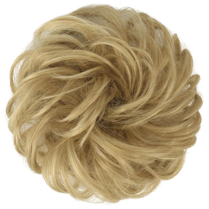 Photo 1 of FESHFEN Messy Bun Hair Piece - Elastic Wavy Curly Hair Bun Scrunchies Extensions Synthetic Chignon Hairpieces for Women Girls, Light Golden Blonde 1 PCS