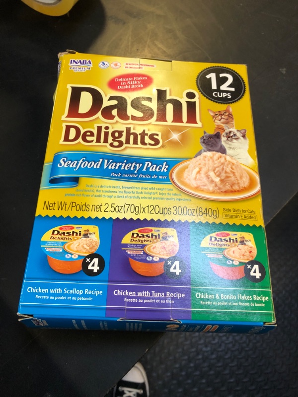 Photo 1 of INABA Dashi Delights for Cats, Shredded Chicken with Bonito Flake Broth, 2.5 Ounce Cup, 12 Cups Total, Seafood Variety EXP 06/08/25