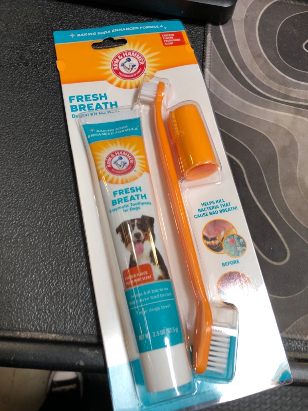 Photo 1 of Arm & Hammer for Pets Fresh Breath Enzymatic Dog Dental Care Kit - Includes Dog Toothpaste, Dual Sided Toothbrush and Fingerbrush - Bad Breath Treatment, Chicken Flavor, 2.5 Ounce