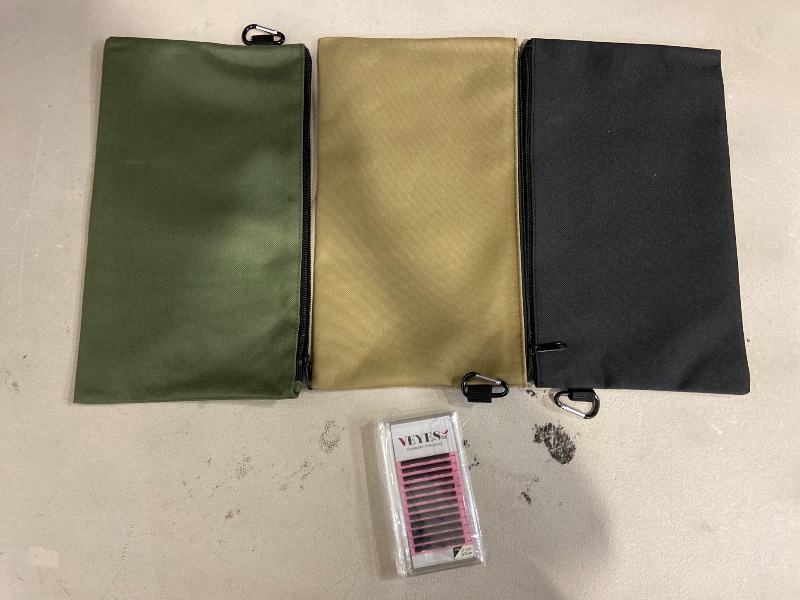 Photo 1 of 3 Pack Tool Bag Zipper Pouch, Premium Tool Pouch, Utility Multipurpose Storage Organizer Tool Pouches with Carabiner Metal Zipper for Tools, Stationary, Pencil Pouch (3 Pack, Tan, Navy Green, Black) + Cashmere Smart Fan Lash Extensions 0.03 0.05 0.07 C/CC