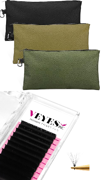 Photo 1 of 3 Pack Tool Bag Zipper Pouch, Premium Tool Pouch, Utility Multipurpose Storage Organizer Tool Pouches with Carabiner Metal Zipper for Tools, Stationary, Pencil Pouch (3 Pack, Tan, Navy Green, Black) + Cashmere Smart Fan Lash Extensions 0.03 0.05 0.07 C/CC