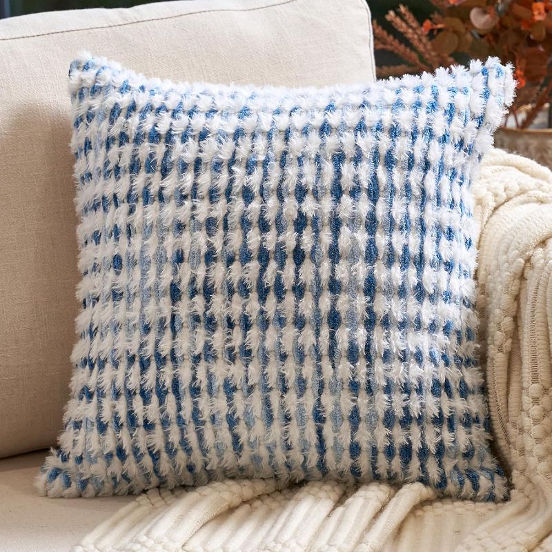 Photo 1 of Boho Chenille Tufted Pillow Cover 20x20 Inch, Decorative Square Throw Pillow Cover Neutral Pillowcase for Couch Bedroom Living Room, Blue White