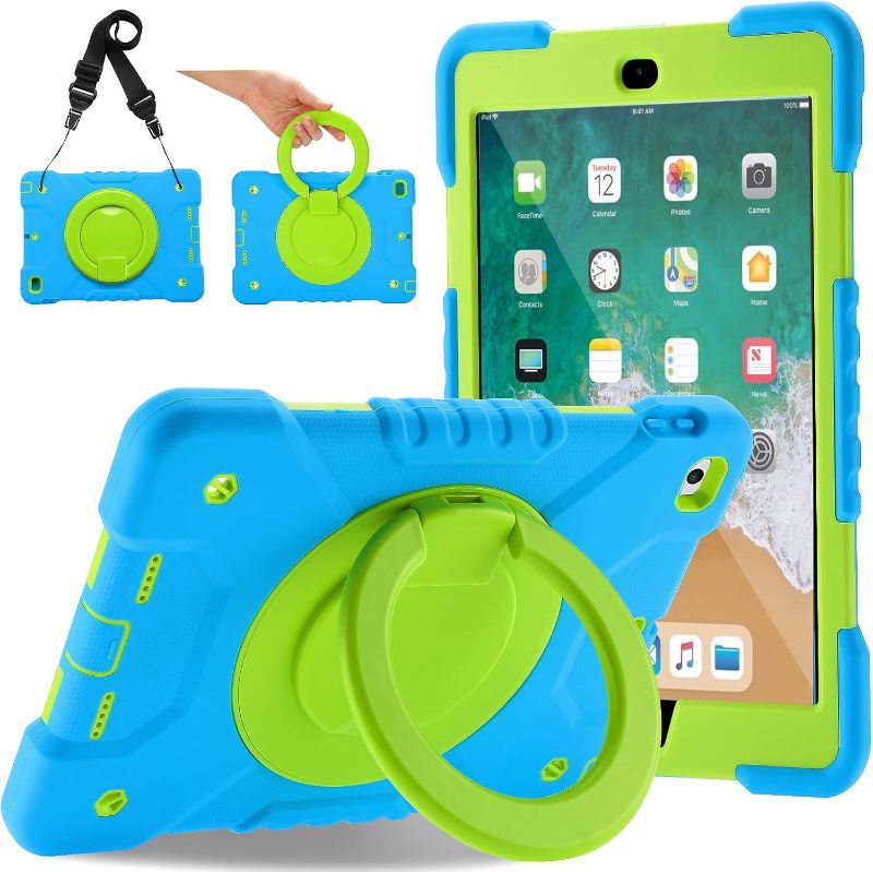 Photo 1 of Case for iPad 6th/5th Generation 9.7 inch 2018/2017 Case, iPad Air 2/Pro 9.7 inch Heavy Duty Protective Cover with Pencil Holder, Shoulder Strap, 360 Rotate Handle Stand, Blue+Green