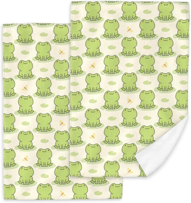 Photo 1 of Cute Green Frog Hand Towels, Funny Frogs Hand Towels for Bathroom 2 Pack Soft Absorbent Decorative Dish Towel for Kitchen Farmhouse Gym Hotel Yoga Gifts 16"x24"