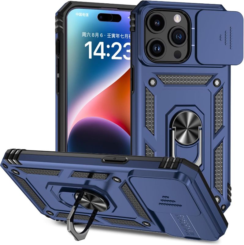 Photo 1 of iPhone 15 Pro Case, iPhone 15 Pro Case with Camera Cover & Kickstand Military Grade Shockproof Heavy Duty Protective with Magnetic Car Mount Holder Case for iPhone 15 Pro 6.1'' Blue