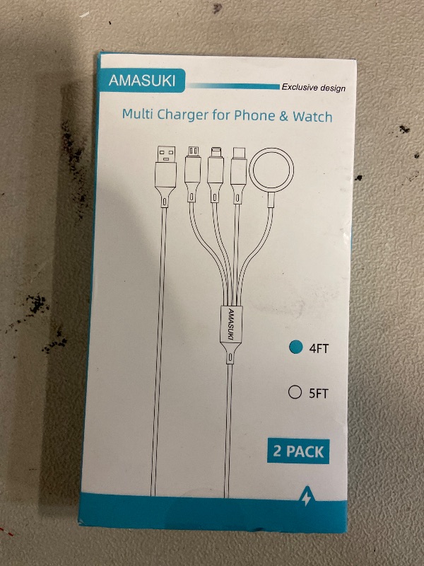 Photo 1 of 2Pack Multi Charging Cable for Apple Watch Charger 4 in 1 Travel Essentials Nylon Braided USB C/L/Micro Port Compatible with iWatch Series 10-1/iPhone 16/15/Galaxy Android-4FT