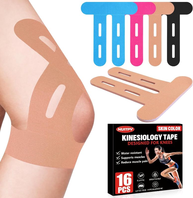 Photo 1 of 16 PCS Kinesiology Tape for Knees, Knee Support Tape, Precut Knee Tape for Knee Stability, Athletic Tape, Kinetic Tape for Knee - Skin Color