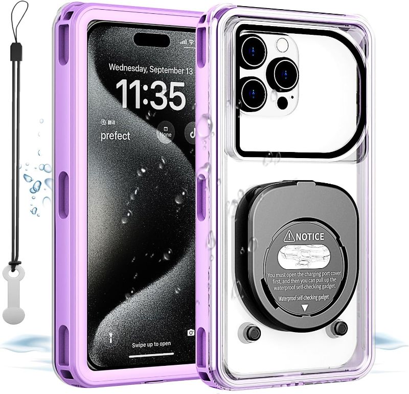 Photo 1 of Waterproof Phone Case IPX8 Certified for Snorkeling/Diving, Universal Underwater Protective Cover with Lanyard for iPhone 16/15/14/13/12 Pro Max (Purple)