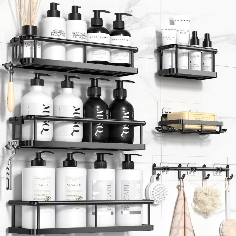 Photo 1 of Shower Caddy 6 Pack Rustproof shower Organizer, Large Capacity Shower Shelves for inside shower, Bathroom Organizers and Storage with Soap Holder and 12 Hooks, Adhesive Shower storage, Black