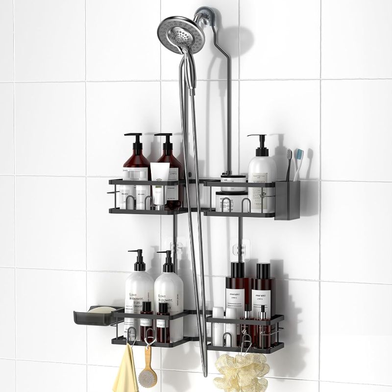Photo 1 of REINHARDT Adjustable Shower Caddy Hanging Rustproof Shower Caddy for Handheld Showerheads, Shower Organizer with Hooks Soap Holder Toothbrush Holder, Anti-Swing Shower Rack Bathroom Accessories, Black