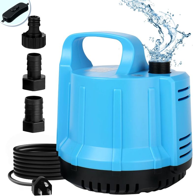 Photo 1 of 1350GPH 130W Submersible Water Pump for Large 190-350 Gallon Fish Tank, Pond, Aquarium, Fountain, Pool Draining, Hydroponic Systems, 16.4ft Power Cord US 3-Plug, 3 Outlet Adapters(2/3", 3/4", 1") Blue