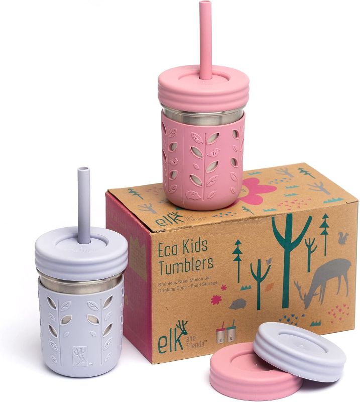Photo 1 of Elk and Friends 10oz Stainless Steel Kids + Toddler Drinking Cups | The Original Mason Jars with Lids + Sleeves + Straws | Smoothie Cups | Spill Resistant | Dishwasher Safe | 2 Pack