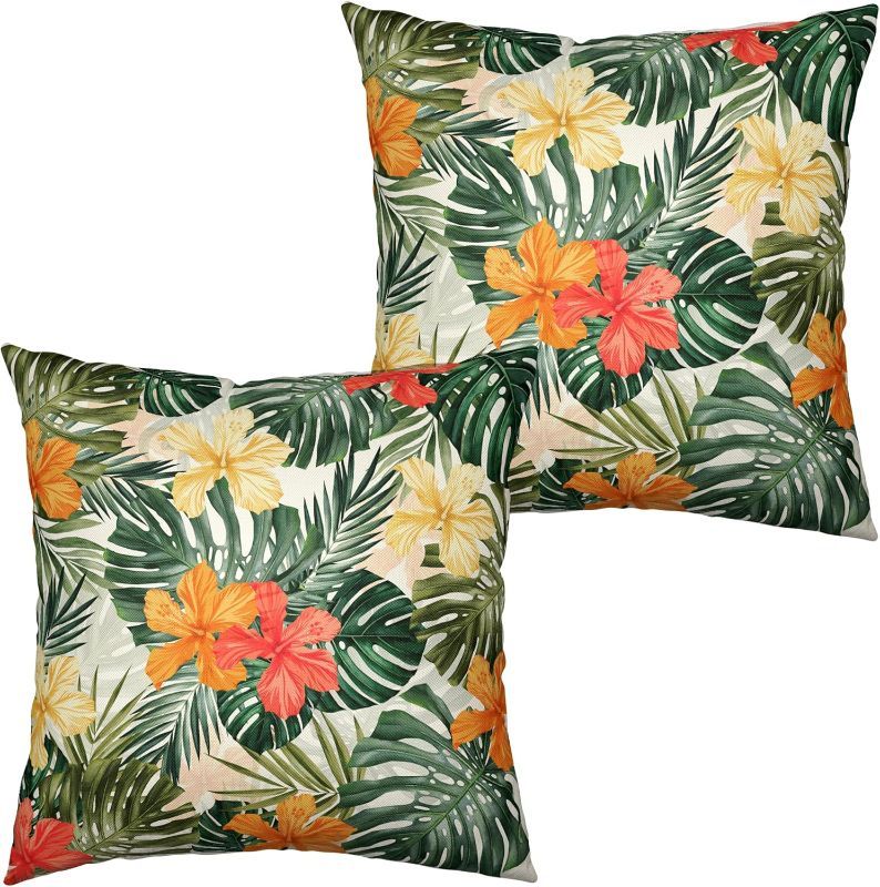 Photo 1 of Hawaiian Hibiscus Flower Throw Pillow Covers Summer Tropical Pillow Covers 18x18 Monstera Palm Leaves Decorative Pillow Case Set of 2 for Home Decor Living Room Patio