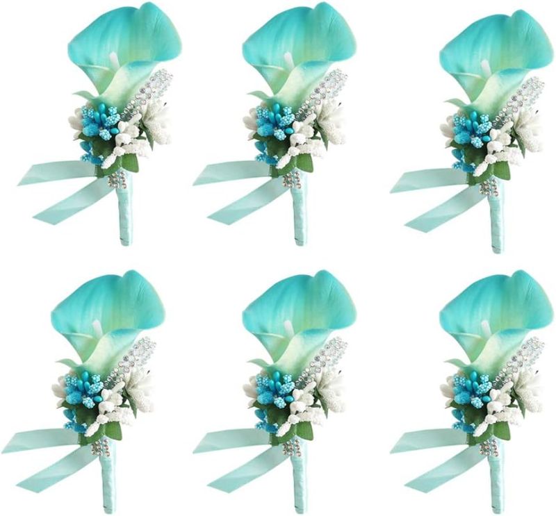 Photo 1 of Lily Blue Boutonniere Handmade Silk Flower with Ribbon Corsage for Bride Groom Wedding Party 10 Pack