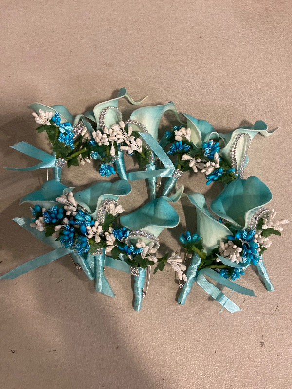 Photo 1 of Lily Blue Boutonniere Handmade Silk Flower with Ribbon Corsage for Bride Groom Wedding Party 10 Pack