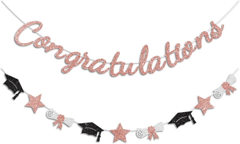 Photo 1 of Congratulations Banner Rose Gold Graduation Decorations Class of 2025 Prestrung Congrats Grad Banner for Middle School High School College Graduate Party Decorations