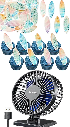 Photo 1 of 2 Item Bundle | Gaiatop USB Desk Fan, Small But Powerful, Personal Portable Quiet 3 Speeds, Adjustable Mini Table Desktop fan for Cooling Home Office Car Summer Travel Gifts Blue +  54Pcs Edible Surfboard Cupcake Toppers Wafer Paper Surfboard Mini Accents