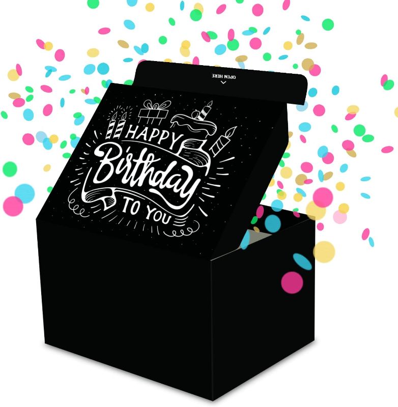 Photo 1 of FETTIPOP Gift Box Surprise Exploding Confetti Kit (Black Premium) Happy Birthday, Prank Pop Up 7.2x5.5x4.3 in.