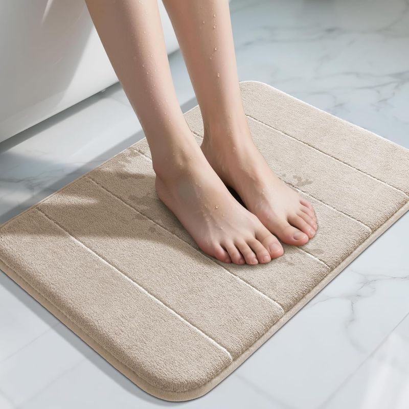 Photo 1 of Memory Foam Bath Mat, Super Soft Absorbent Bathroom Rug Non Slip 24x17 Inch, Quick Dry, Machine Washable Floor Carpet for Tub Shower, Home Decor Accessories, Beige