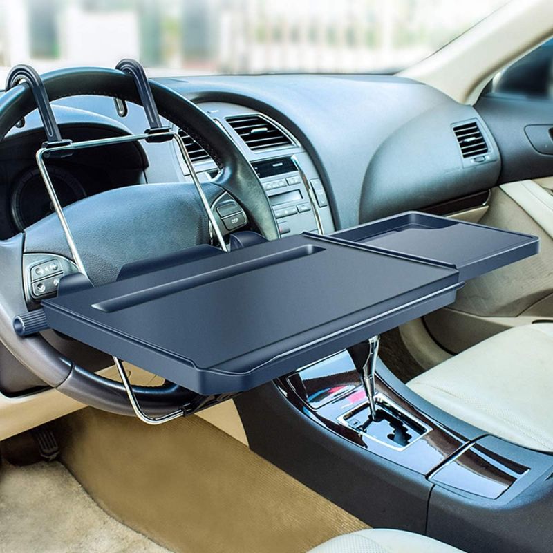 Photo 1 of 2 in 1 Car Steering Wheel Tray/Back Seat Headrest Tray for Eating Food Drink and Writing Laptop Work, Black Car Desk
