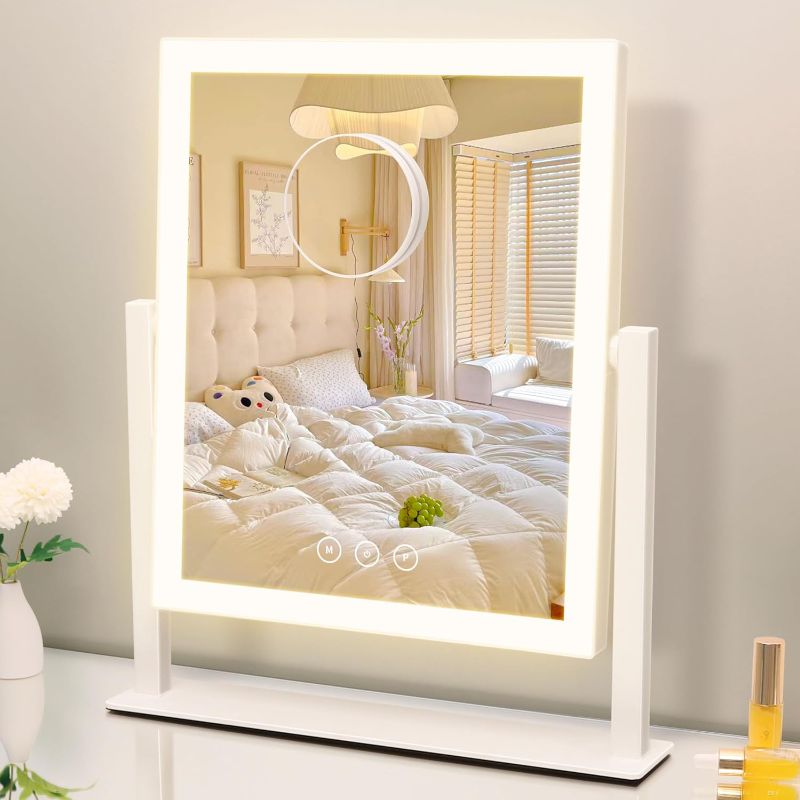 Photo 1 of Vanity Mirror with Lights, Makeup Mirror with Lights Three Color Lighting Modes, Dimmable Touch Screen, Detachable 10X Magnifying Mirror, 360°Free Rotation,White