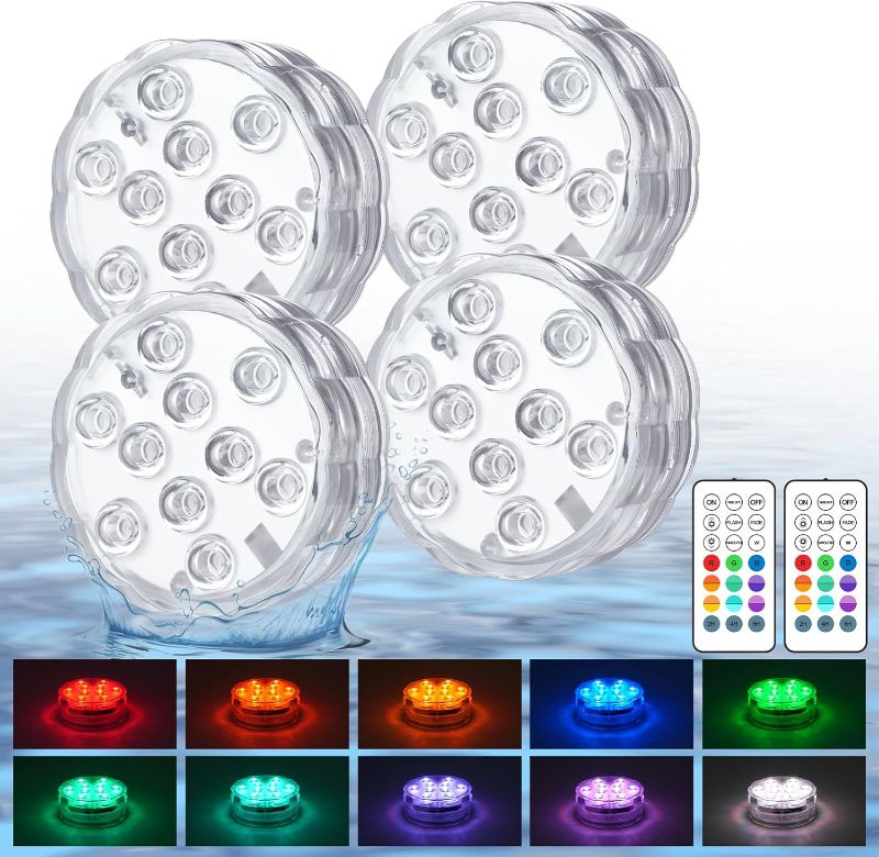 Photo 1 of Creatrek Pool Lights with Remote, 10 Color Changing Pool Lights for Above Ground Pools, Battery Operated Submersible LED Lights for Pond, Bathtub, Hot Tub, Party, 4 Pack