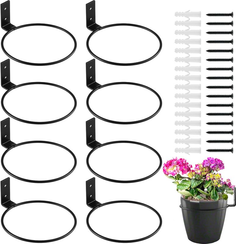 Photo 1 of 8-Pack 6 Inch Flower Pot Holder Ring Wall Mounted Metal Flower Pot Hangers Wall Hanger Bracket Rings Black Planter Bracket for Home, Garden, Indoor Outdoor Pots
