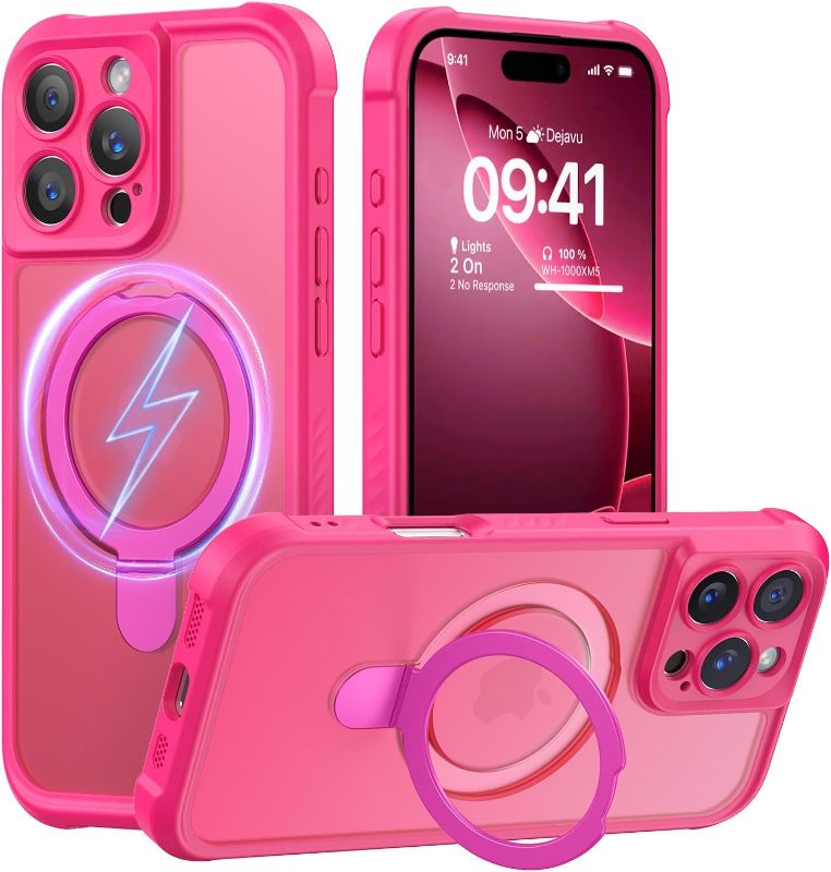 Photo 1 of MOCCA Design for iPhone 16 Pro Max Case with Magnetic Invisible Stand [Full Camera Protection] [Compatible with Magsafe] Military Drop Shockproof Translucent Matte Phone Case Cover 6.9",Hot Pink