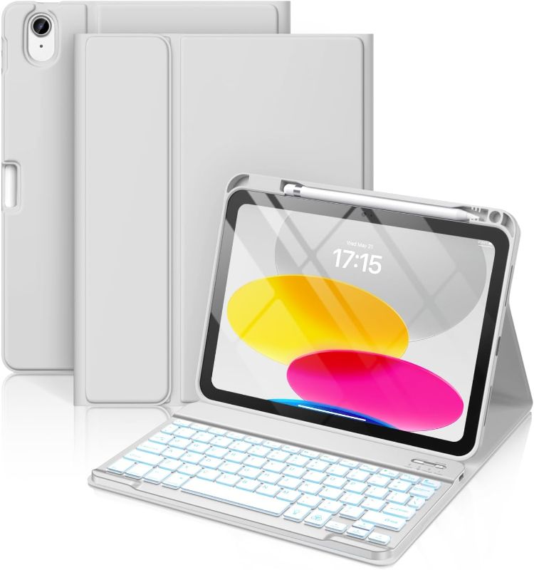 Photo 1 of Hamile for iPad 11th 10th Generation Case with Keyboard - 7 Colors Backlit Wireless Detachable Folio Keyboard Cover with Pencil Holder for iPad A16 11-inch 2025 10th Gen 10.9 Inch 2022 (Light Gray)