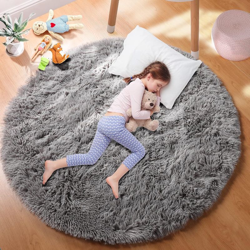 Photo 1 of Round Rugs 5Ft, Grey Circle Rugs for Living Room Kids Bedroom, Fluffy Carpets for Bedroom Boys, Indoor Shaggy Rugs Small Teepee Furry Mat, Comfy Reading Rug for Girls Boys Baby Room