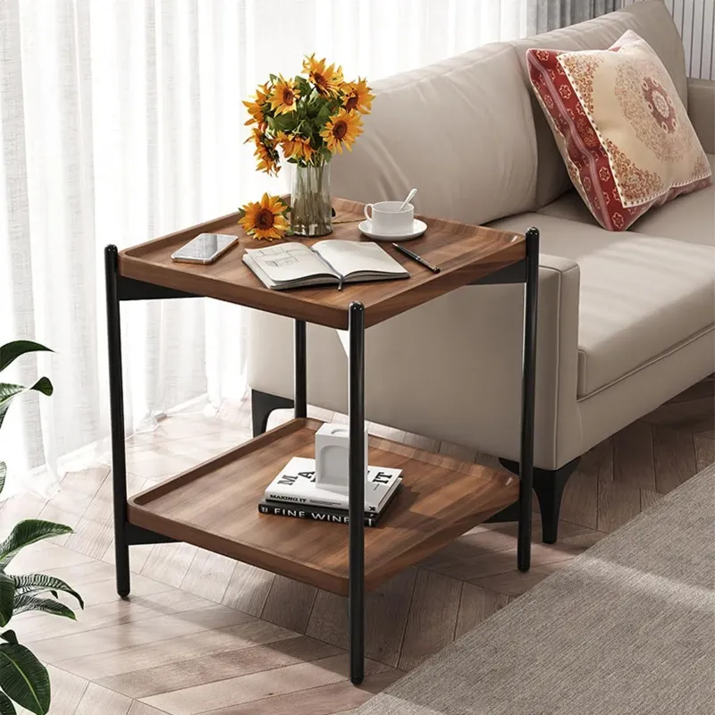 Photo 1 of Square Side Tables Living Room, 2-Tier Couch Wood end Table, 20 inch Walnut end Tables for Bedroom, Bed Side Table with Metal Frames (Walnut)