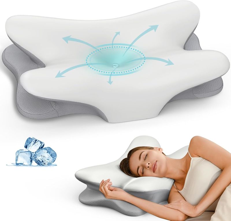 Photo 1 of Cervical Neck Pillow for Pain Relief - Ergonomic Side Sleeper Pillow for Neck Support, Cooling Memory Foam Pillows for Sleeping, Contour Pillow Orthopedic Bed Pillow for Back Stomach Sleepers