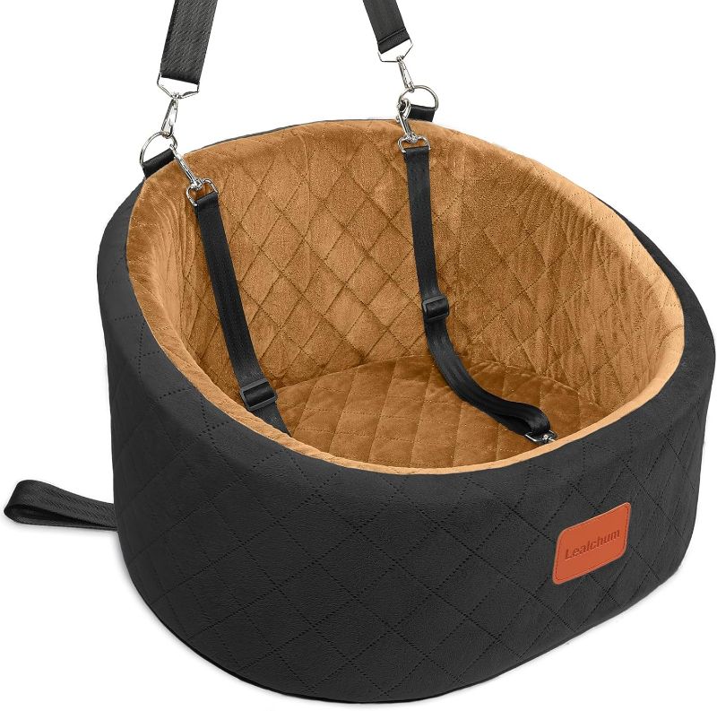 Photo 1 of Dog Car Seat for Medium Dogs Under 30 lbs, Comfy Puppy Car Seat with 2 Clip-On Safety Leashes, Non-Slip Bottom Pet Travel Car Seat, Easy to Install and Fully Removable (Black/Coffee, Small)