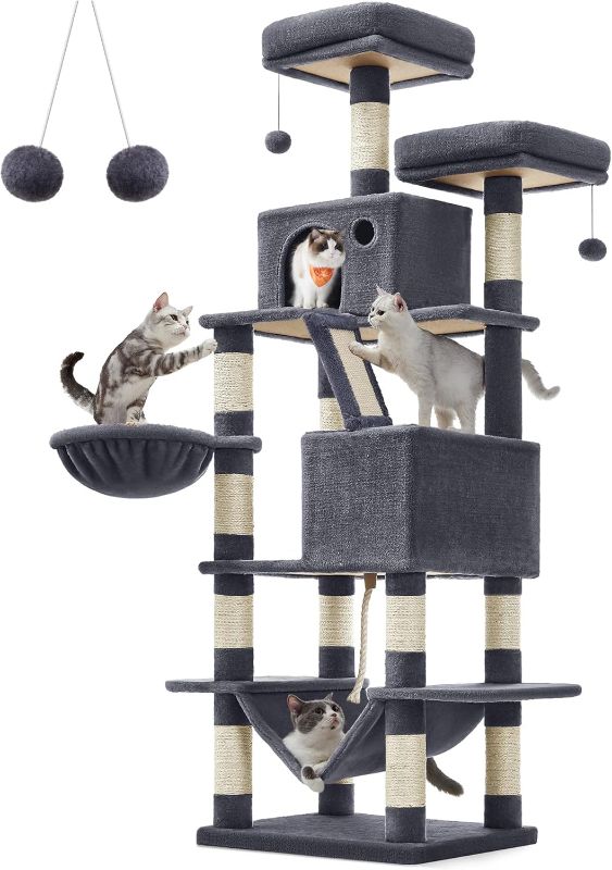 Photo 1 of Cat Tree, 66.1-Inch Large Cat Tower with 13 Scratching Posts, 2 Perches, 2 Caves, Basket, Hammock, Pompoms, Multi-Level Plush Cat Condo for Indoor Cats, Smoky Gray